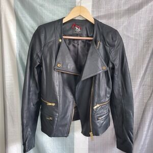 Sinequanone Paris Black Genuine Sheepskin Leather Moto Biker Jacket Gold Zip T38